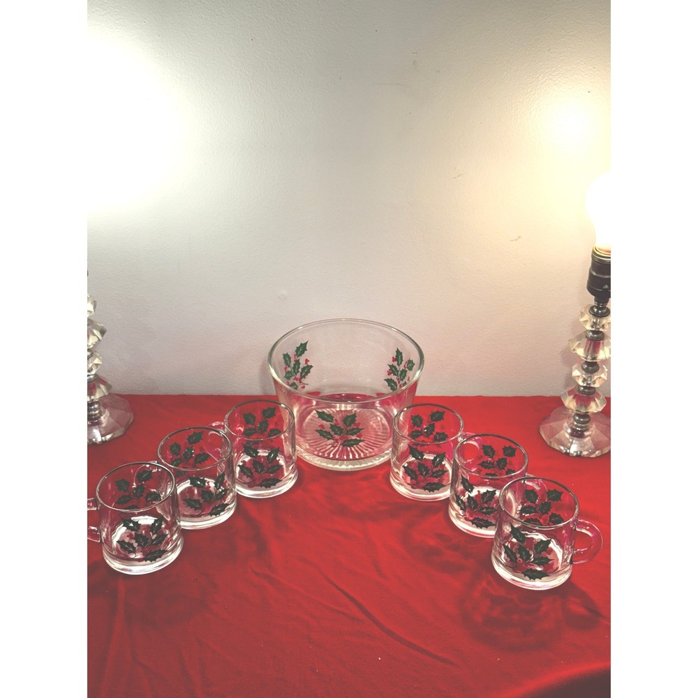 Vintage Indiana Glass Holly and Berries Eggnog Bowl and 6 Cups Christmas Set